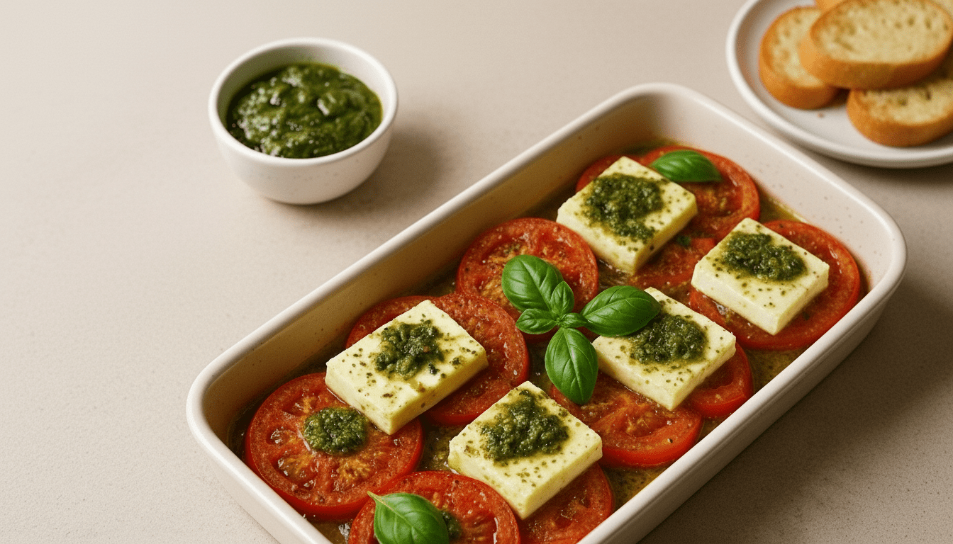 Fırında Pesto Soslu Domates & Beyaz Peynir: Akdeniz’in Pratik Lezzeti